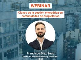 Webinar poster: Claves de la gestión energética en comunidades de propietarios, con Francisco Diez Seco, online gratis el jueves 7 de mayo a las 12h (NESs)