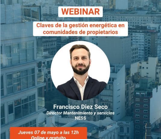 NESS organiza un webinar gratuito sobre la gestión energética en comunidades de propietarios Webinar poster: Claves de la gestión energética en comunidades de propietarios, con Francisco Diez Seco, online gratis el jueves 7 de mayo a las 12h (NESs)