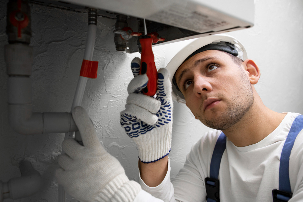Plumber in a hard hat and gloves tightens a pipe under a sink with a wrench.