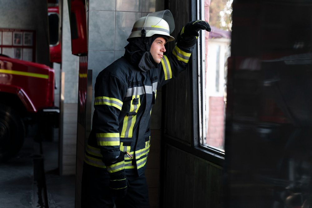 Soluciones de vidrio resistente al fuego mejoran seguridad en espacios profesionales Firefighter in full gear, helmet on, looking out a doorway toward a window inside a fire station with a red fire truck nearby