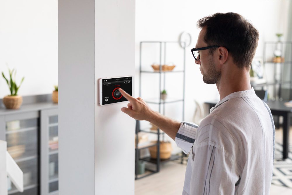 Los espacios conectados ganan terreno en la vida cotidiana y empresarial Man in glasses using a wall-mounted touchscreen control panel in a bright home, likely a smart thermostat or home control device.