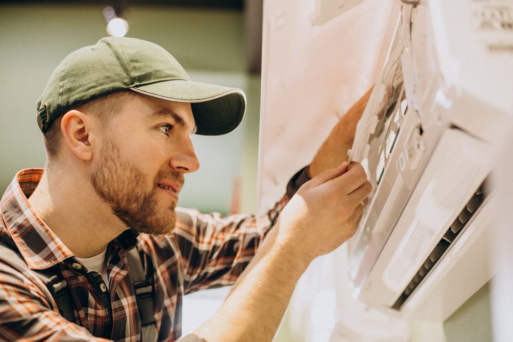 Una instalación profesional de aire acondicionado mejora confort y eficiencia Man in a green cap and plaid shirt adjusting a control panel on a large machine in a workshop setting