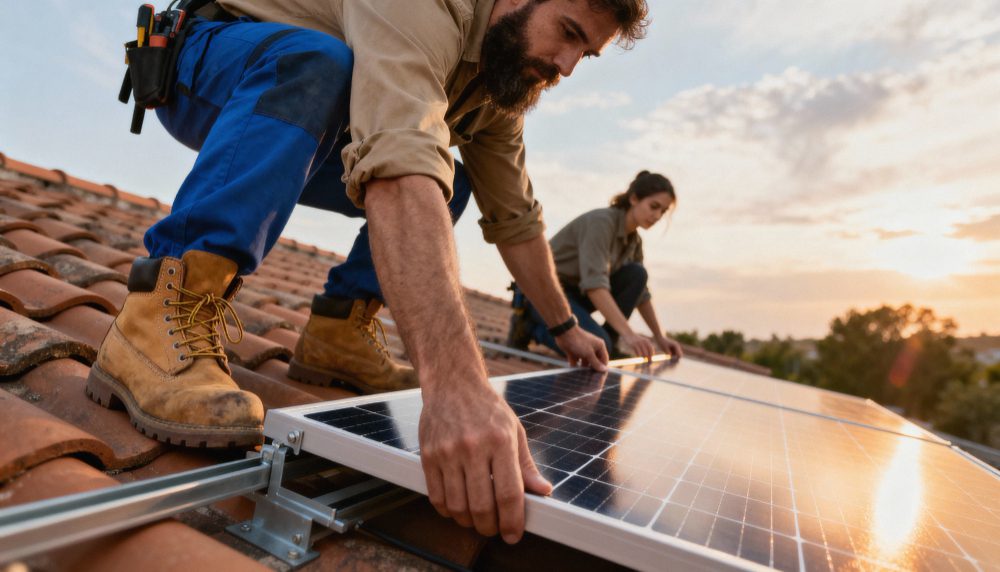 Two workers install solar panels on a sloped tile roof at sunset, securing a panel with tools nearby.